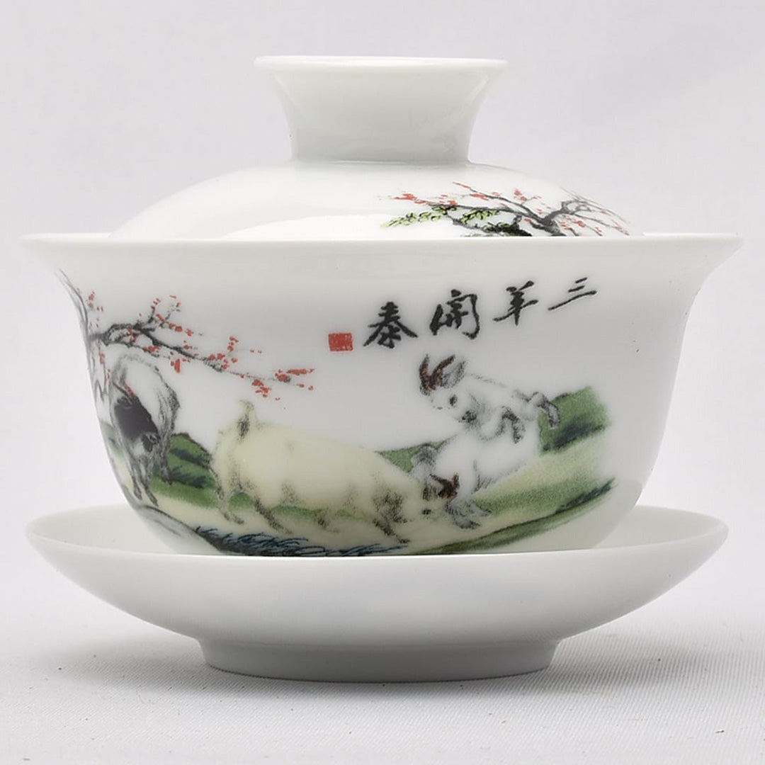 彩磁蓋碗（三羊開泰）｜中国茶器の通販・天香茶行