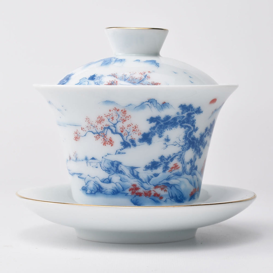 影青山水蓋碗(藍)