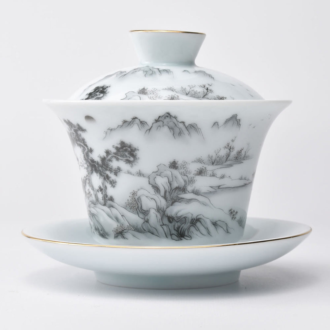 影青山水蓋碗(黒)